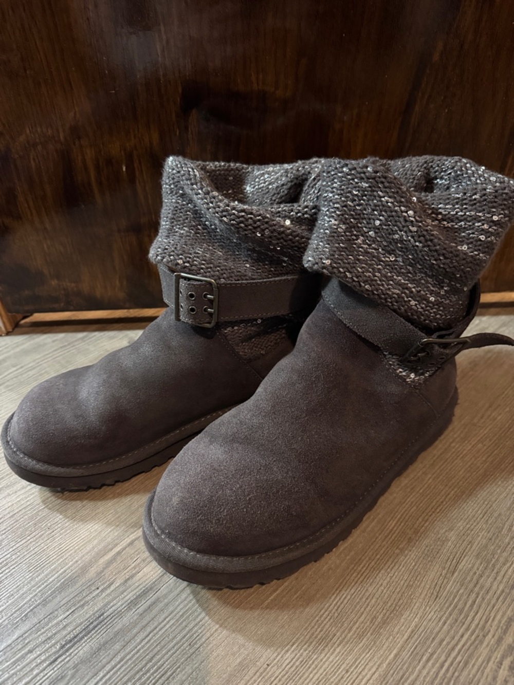 UGG Charcoal Suede Fold-Over Knit Cuff Ankle Booties
